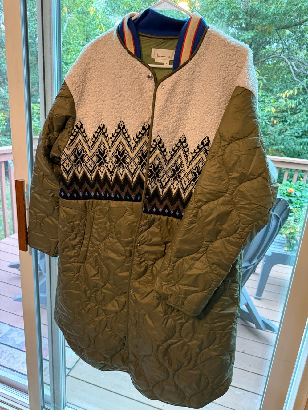 Anthropologie Quilted Olive Green Long Coat with Ivory Sherpa Yoke
